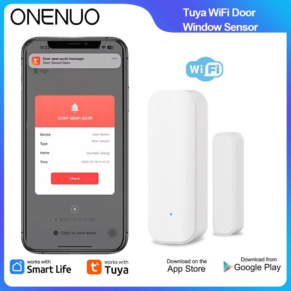 ONENUO Tuya Smart WiFi Door Window Sensor Smart Home Security Alarm Smart Life APP Monitoring Works with Alexa Google Home