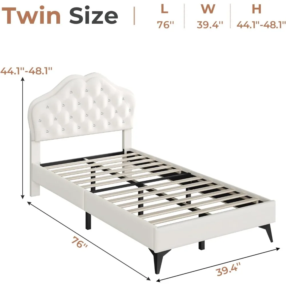 Twin Size Upholstered Bed Frame with LED Lights Adjustable Headboard with Crystal Button