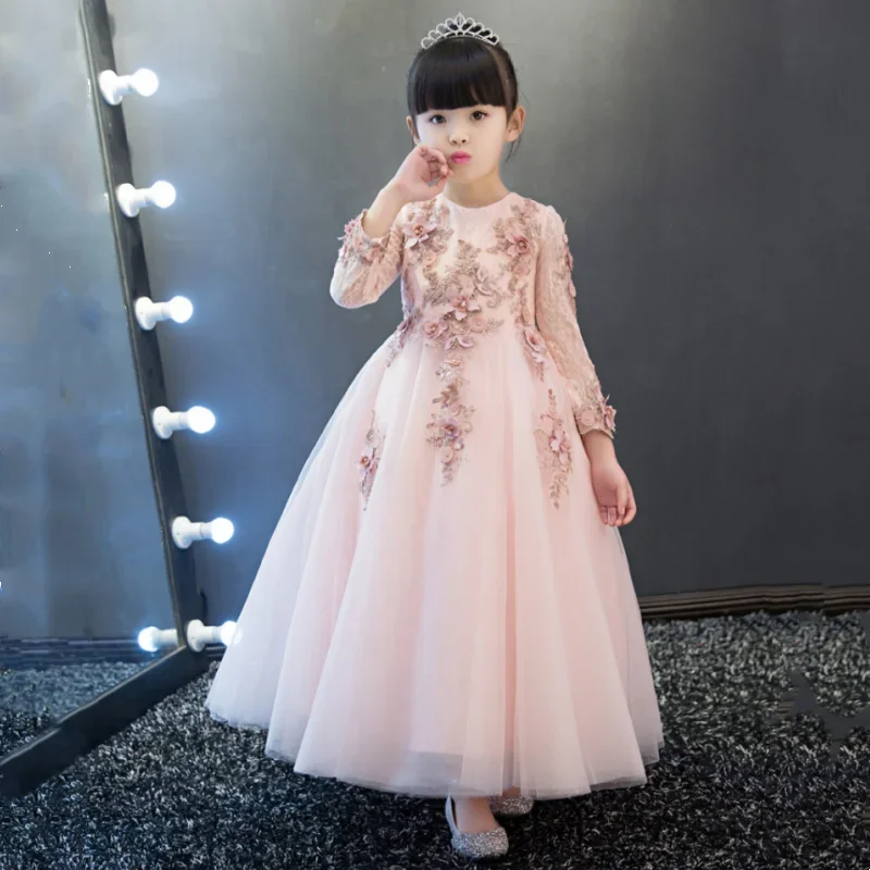 New Arrival Pink Tulle Exquisite Lace Princess Girl Dresses Ankle Length Baptism Party Prom Dress Girls Wedding Birthday Gown