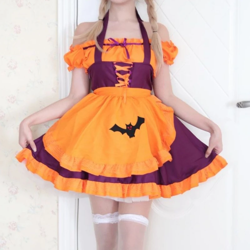 

2025 New Lolita Halloween Pumpkin Apron Maid Restaurant Dress Uniform Outfits Anime Cosplay Costume Cute Women Festival Dresses