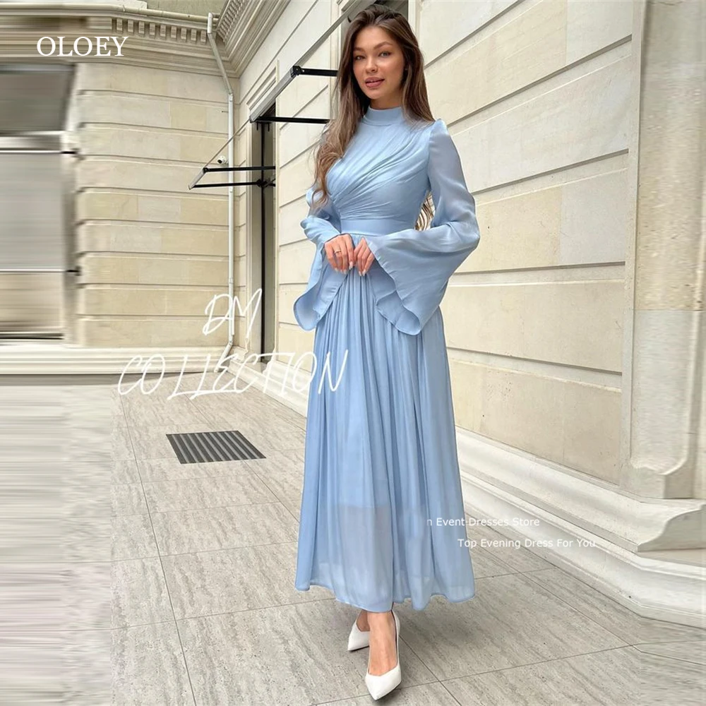 

OLOEY Modest Dusty Blue Evening Dresses Long Sleeves Silk Chiffon Prom Gowns Formal Evening Dress Party Elegant Saudi Arabic