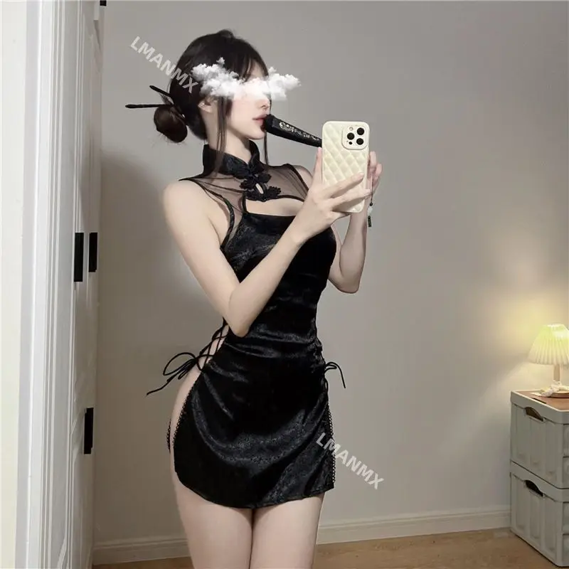 Sexy High Slit Hollow Lace Cheongsam Skirt Set Bandage Pajamas Erotic Lingerie Traditional Chinese Qipao Dress Women Sex Costume