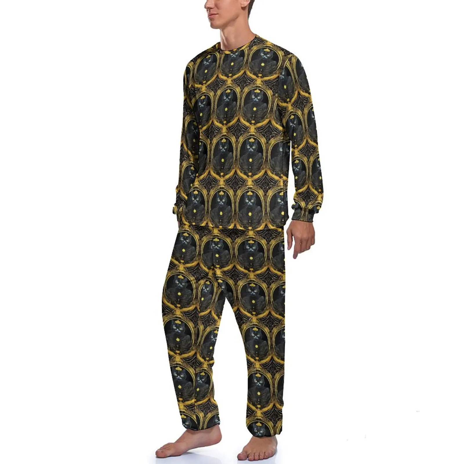 Tarot Card Pajamas Men Retro Black Cat Romantic Home Suit Spring Long Sleeves 2 Pieces Home Graphic Pajamas Set