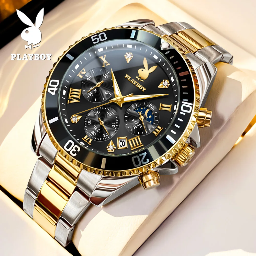 PLAYBOY Casual Fashion Business Watch for Men New Original Stainless Steel Multifunction Waterproof Luxury Quartz Men's Watches