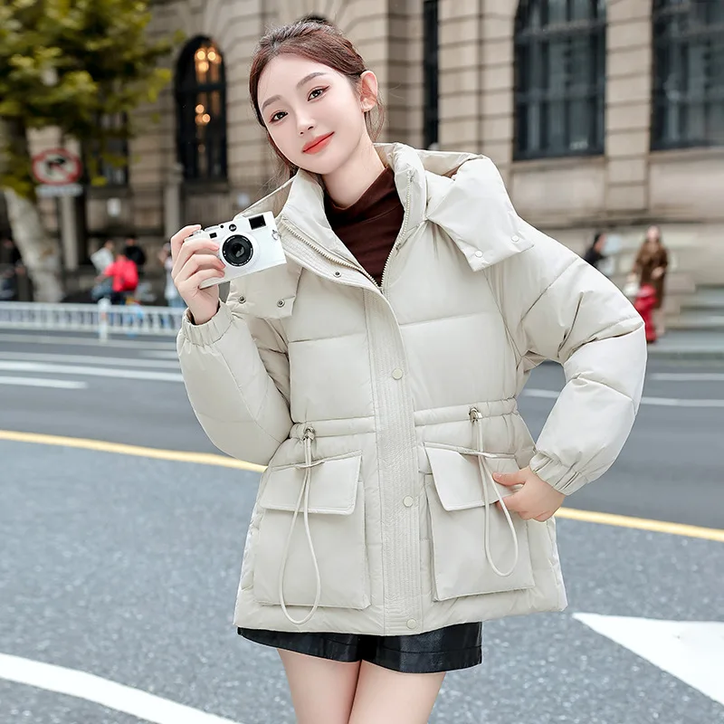 Pinkyisblack 2025 engrossado quente com capuz jaqueta roupas de inverno das mulheres novo coreano solto meados de comprimento algodão acolchoado jaqueta outwear