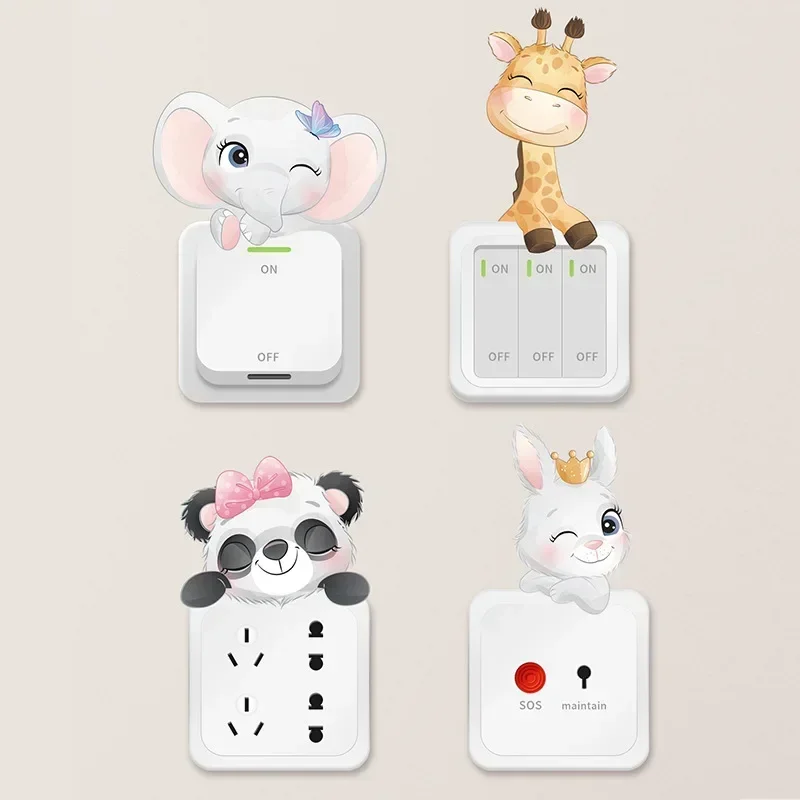 4pcs/set Switch Stickers for Kids Room Cartoon Elephant Rabbit Panda Giraffe Wall Decals Power Socket Stickers Baby Room Decor