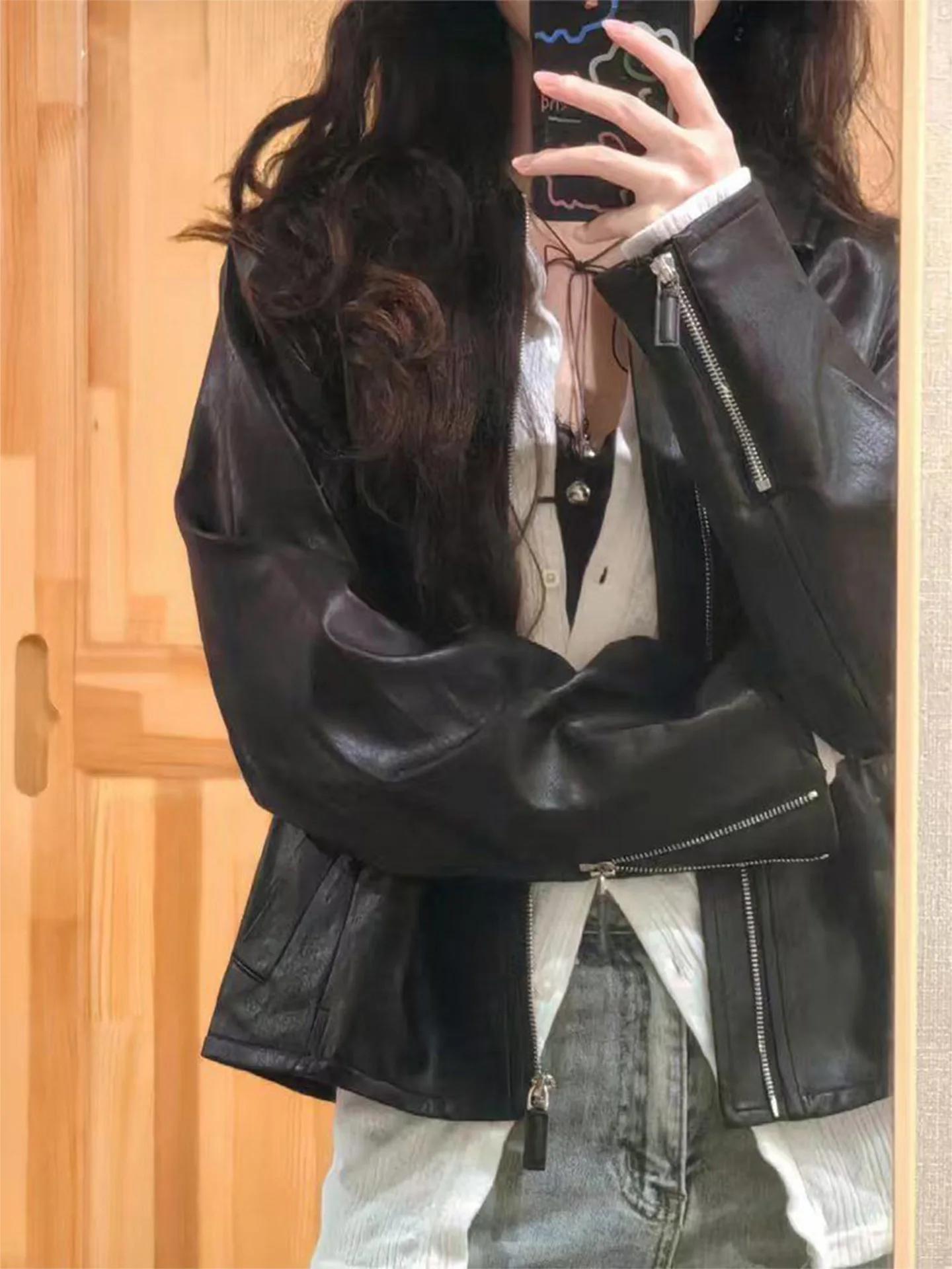 Retro Sle Women's Bla Leather Jaet ort Zipper Casual Top Korean Faion Windproof Long Sve Stand Fit ort Coat