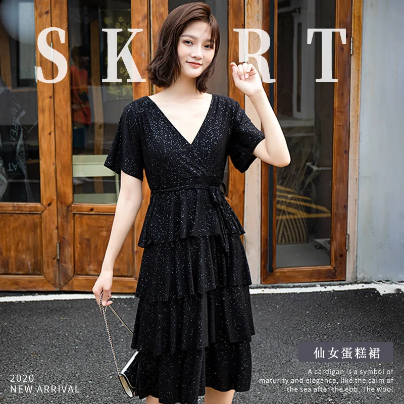 Women Summer New Fairy Cake Black Dress Starry Sky Bling Bling Woman New Thin Sexy High Waist Soild Color Long Section Dresses