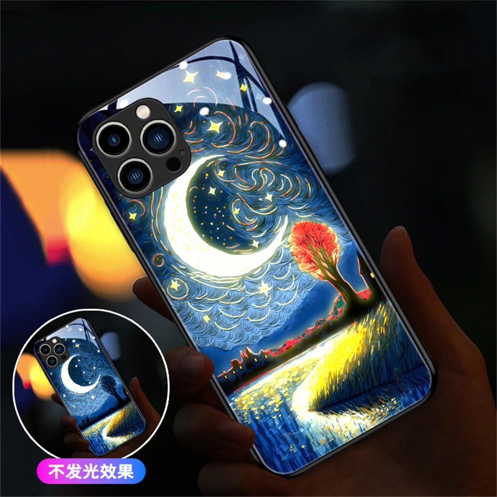 Oil Painting Design Sound Control Luminous Phone Case For iPhone 16 15 14 13 12 11 Pro Max X XR XS Plus SE2020 Led Glitter Cover