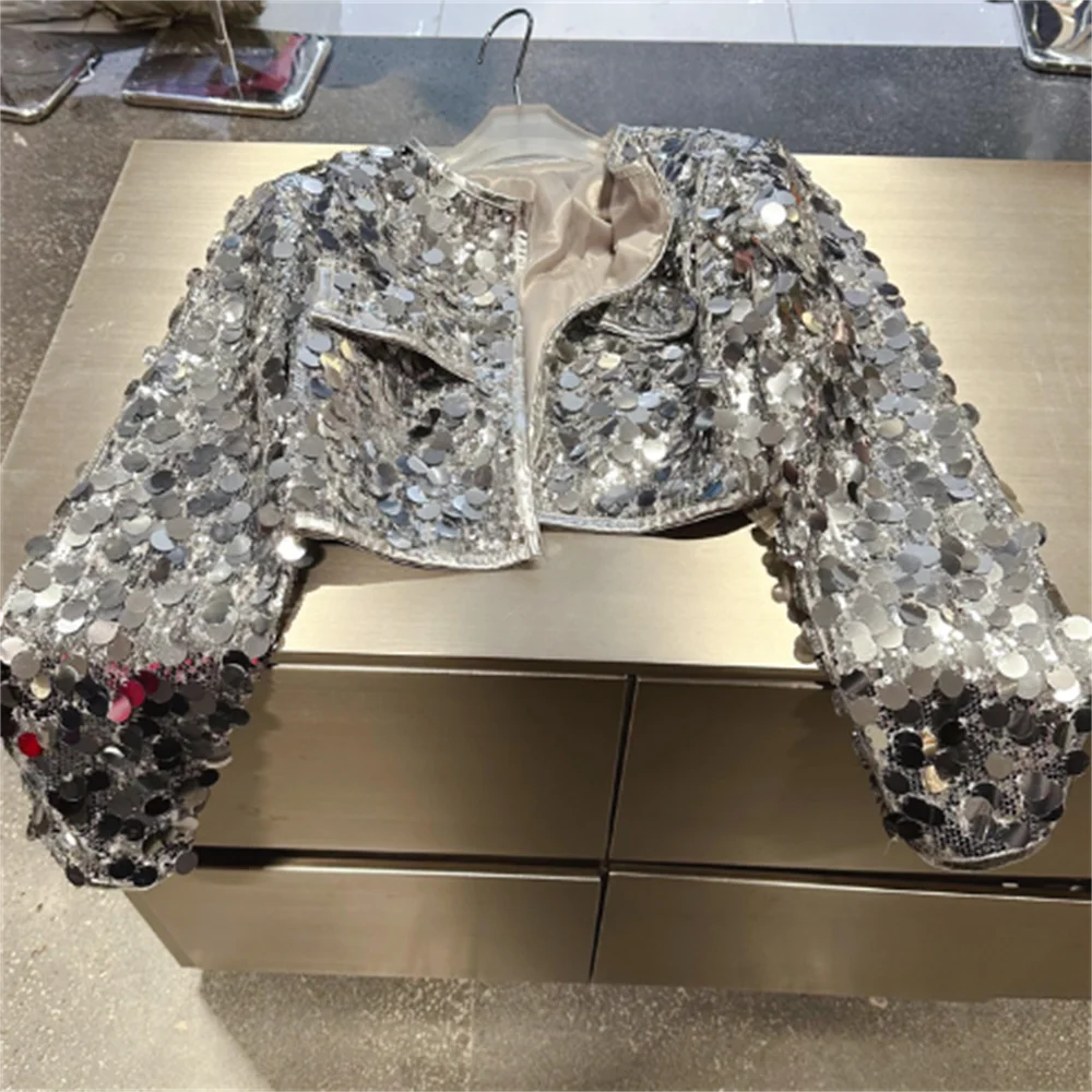 

Winter round-neck long-sleeved shiny sequin short coat
