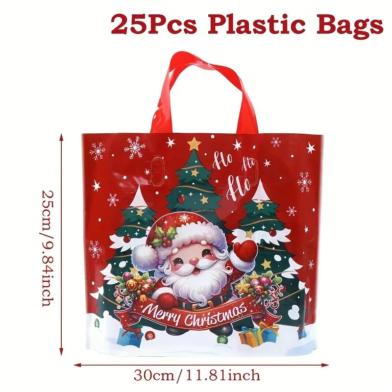 25pcs Printed Christmas Gift Bags, Reusable Plastic Tote Bags for Small Gifts, Perfect for Holiday Party Decorations