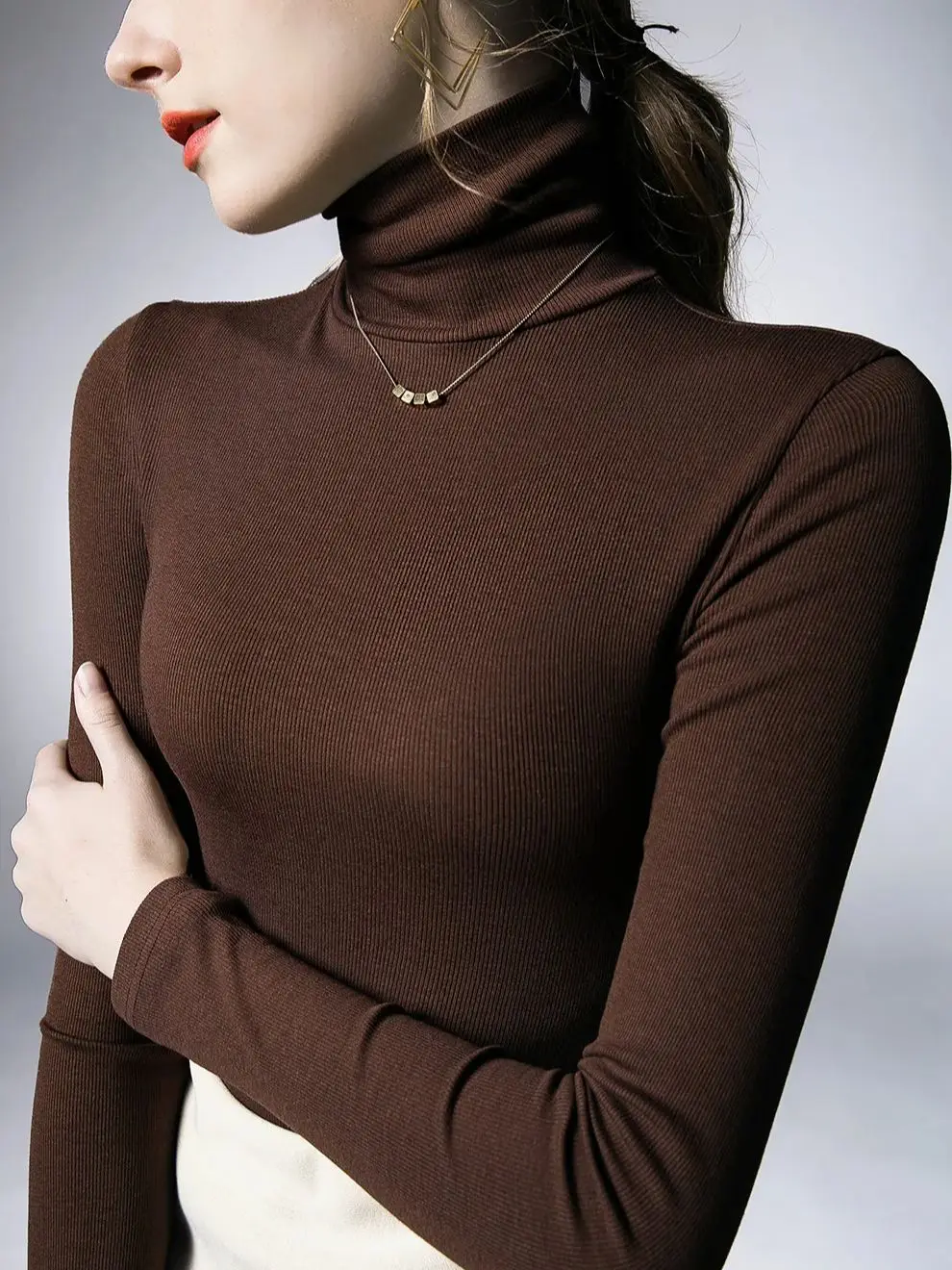 Autumn Winter Turtleneck Long Sleeve Base T-shirt Top Women\'s Simple Slim Fitting Bottom Blended Cotton T Shirts