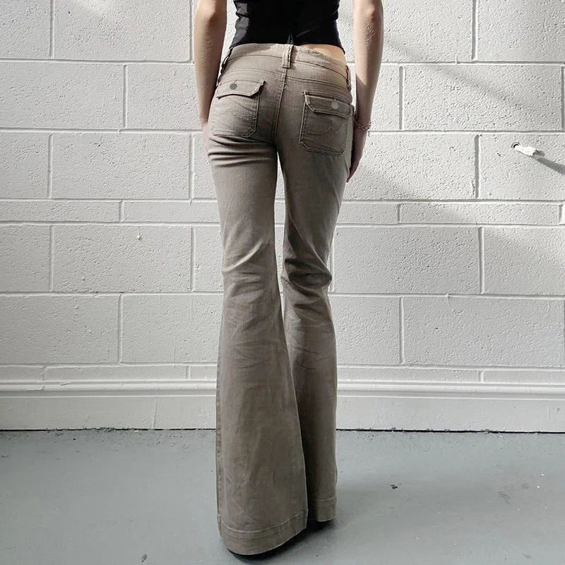 Personalized American Retro Workwear Style Pocket Denim Micro Flared Pants Design Distressed Low Waist Spicy Girl Casual Pants