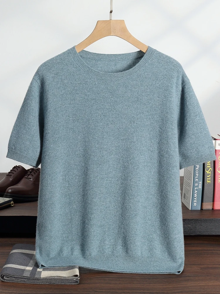 

100% Cashmere Short Sleeve Soft Knit Sweater Chic Spring Summer Men's O-Neck Pullover Basic Smart Casual Pullover Solid Tops