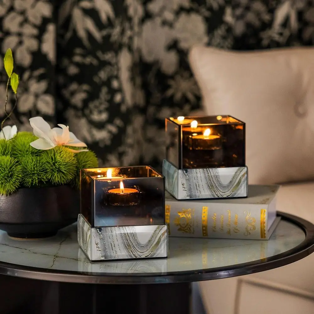 Marble-Patterned Square Glass Candlestick Holder for Elegant Dining, Kitchen, Patio, and Wedding Settings