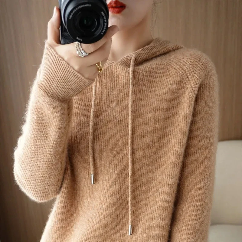 2025年秋冬新作 プルオーバーセーター レディースファッション ミドル丈 フード付き スリムニットコート 女性用カジュアルオーバーコート レディーストップス