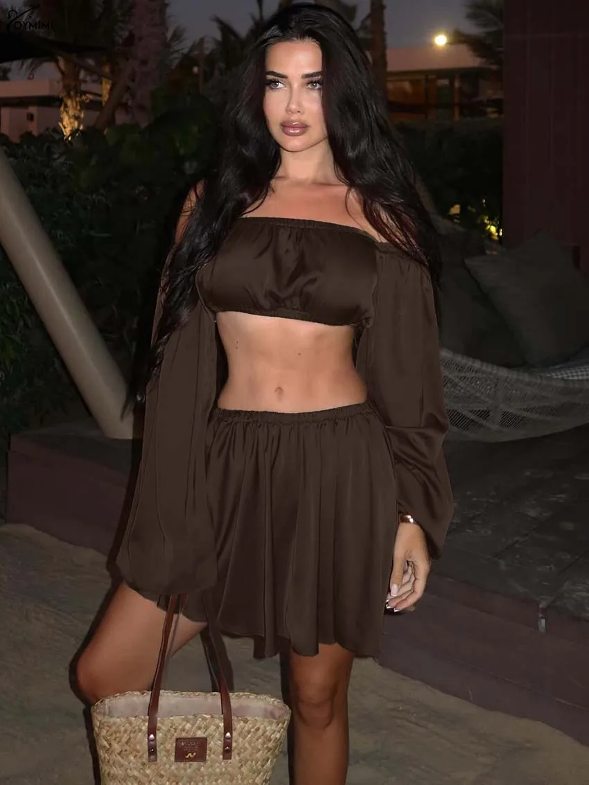 

Oymimi Summer Brown Slim Two Piece Set Woman Fashion Strapless Long Sleeve Open Back Crop Top And Pleated Mini Skirts Female Set