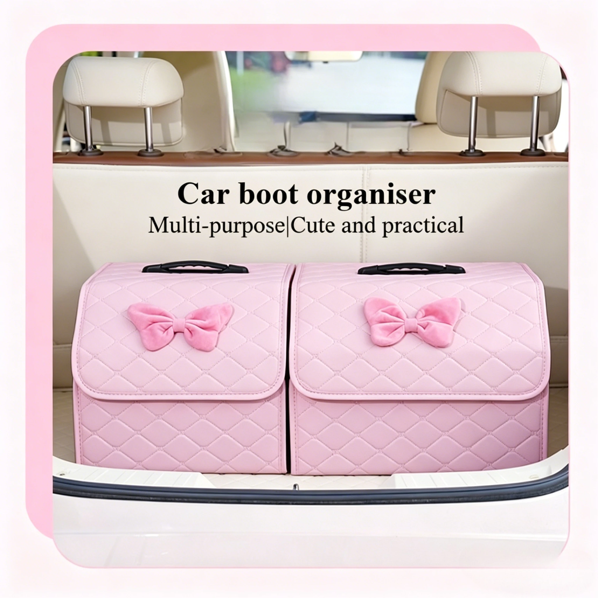 Cute Foldable Car Trunk Storage Organizer-Diamond Pattern,Multifunctional Collapsible Box for Vehicle Interior Clutter-Free Keep