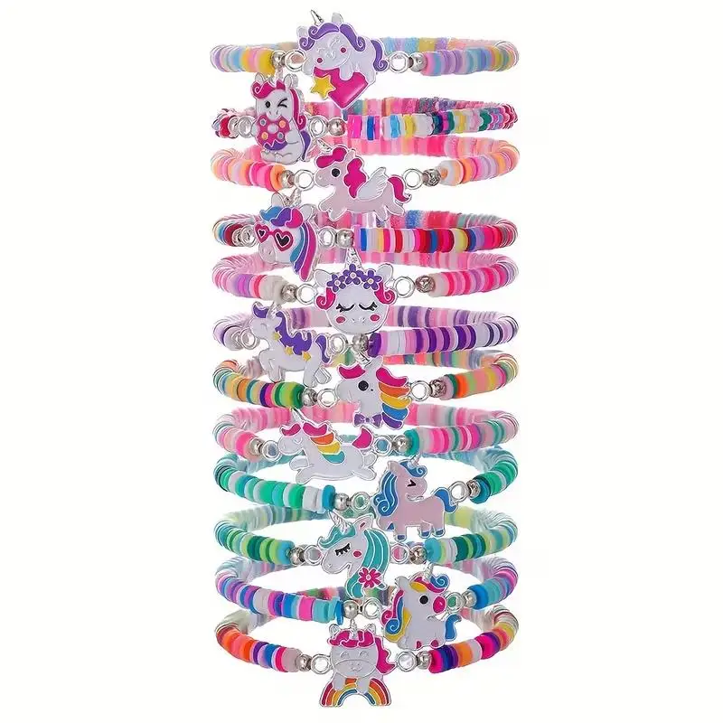 12 Stück Einhorn-Themen Elastische Armbänder mit Weichem Ton-Charm für Kinder Mädchen Geburtstagsparty-Geschenke Piñata-Füller Gastgeschenke