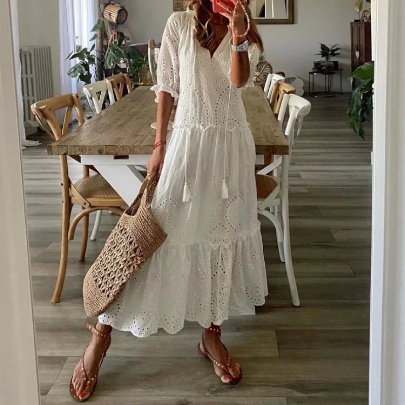 

Casual Hollow Out V Neck White Lace Maxi Dress Vintage A-line Loose Embrioderied Floral Print Bohemian Long Sundress