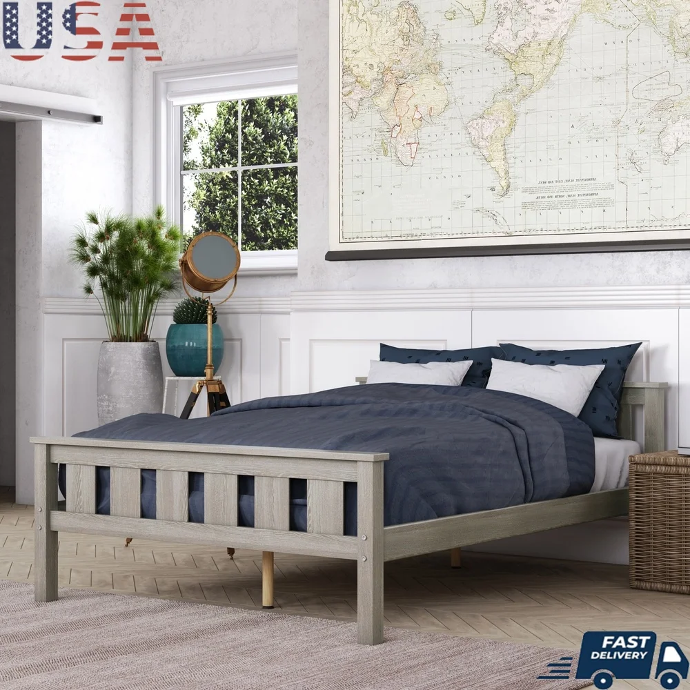 

Kane Wooden Platform Bed Full Size with Open Slat Headboard Solid Pine Rubberwood Mattress Support Assembly Required Teen Child
