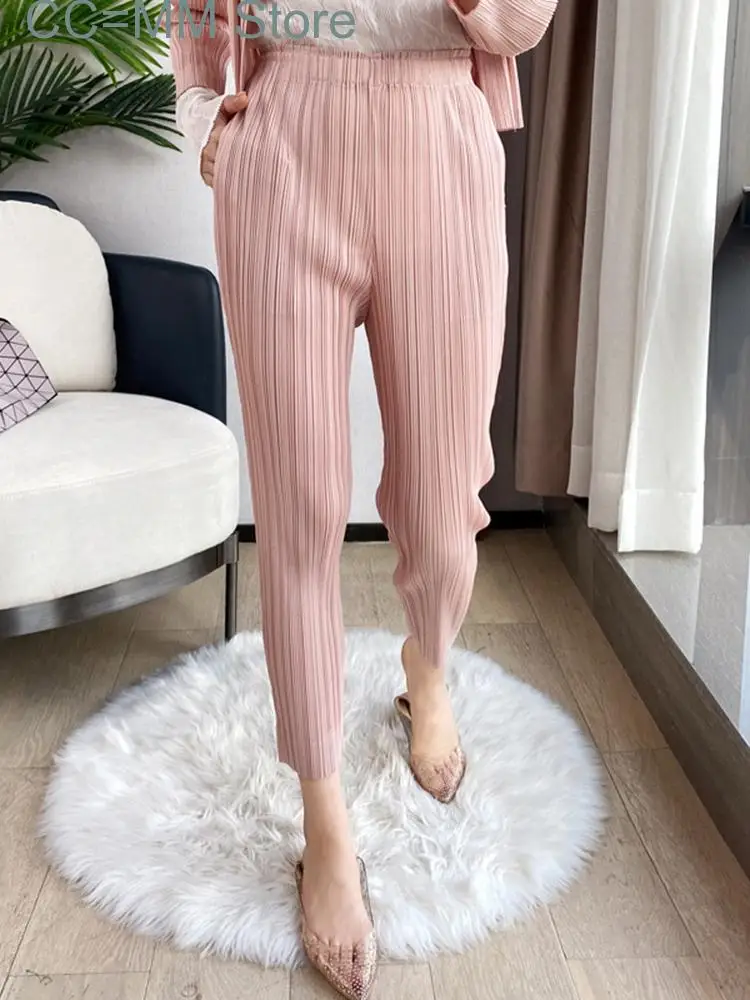 

New Pleated Harem Pants For Women Pockets High Elastic Waist Solid Color Trousers Spring Female Fashion