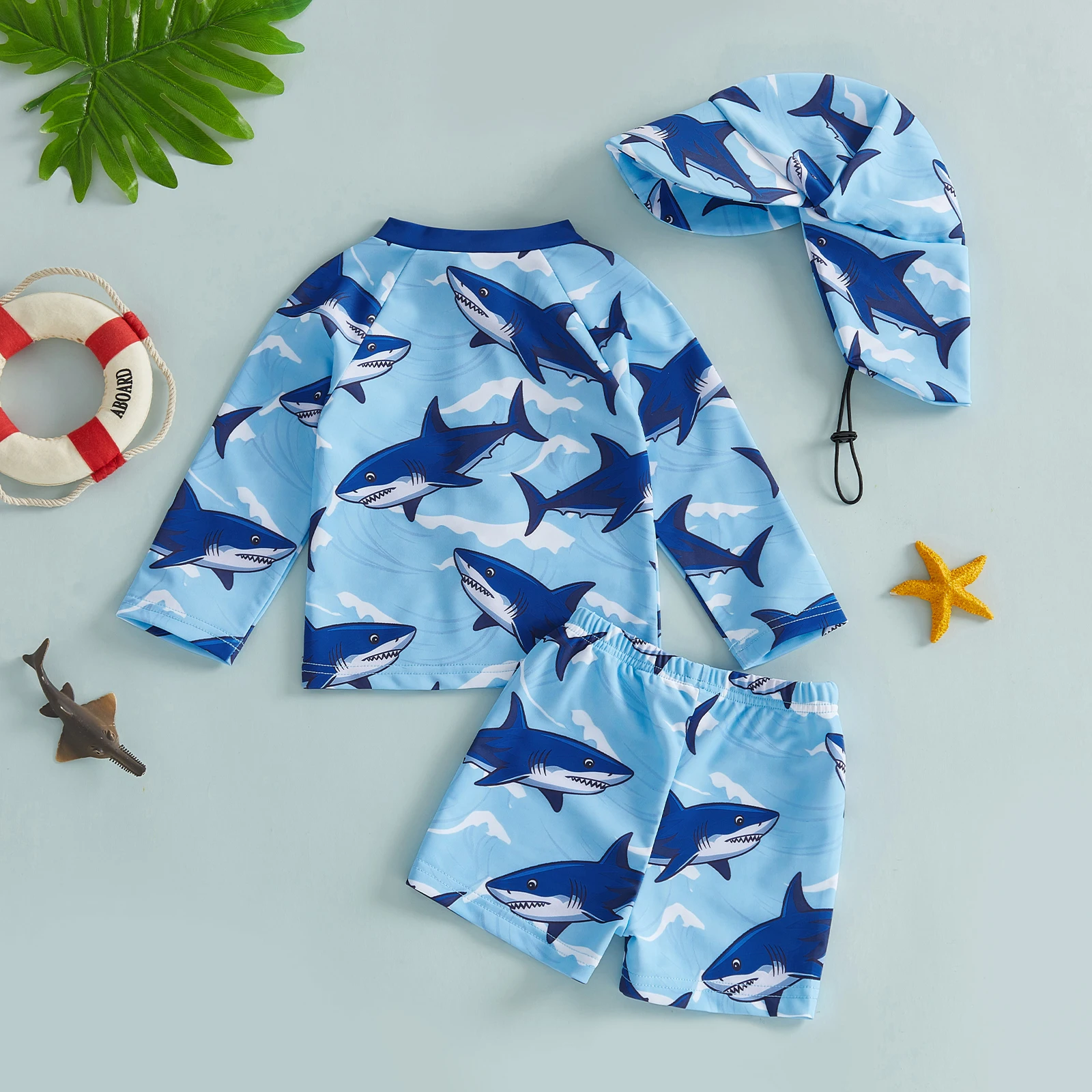 0-3Y طفل رضيع الفتيان طفح الحرس المايوه 3 قطعة مجموعة طباعة زمم طويلة الأكمام ملابس السباحة القمم السراويل وقبعة #4