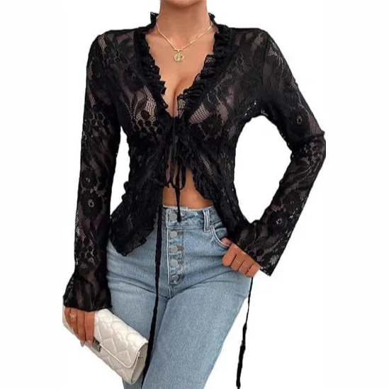 2025 Lace-up Perspective Lace Top Long-sleeved Ruffle Edge Decorative Perspective Mesh Lace Short Top