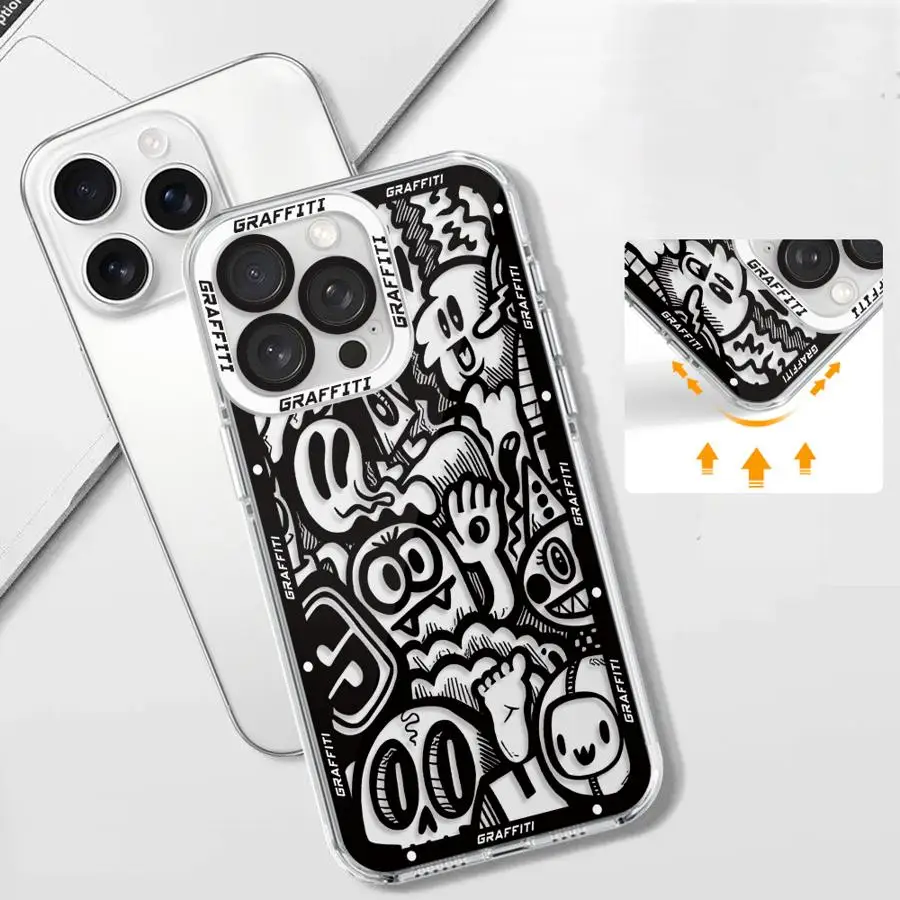 حافظة لهاتف آيفون 16e XR XS 13 12 11 Pro MAX 16 15 14 Plus 7 8 Graffiti باللون الأسود الفاخر