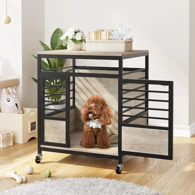 Dog Crate Furniture, 24 Inch Dog Kennel Indoor Furniture Modern Decorative Furniture with Wheels, Chew-Resistant, Greige