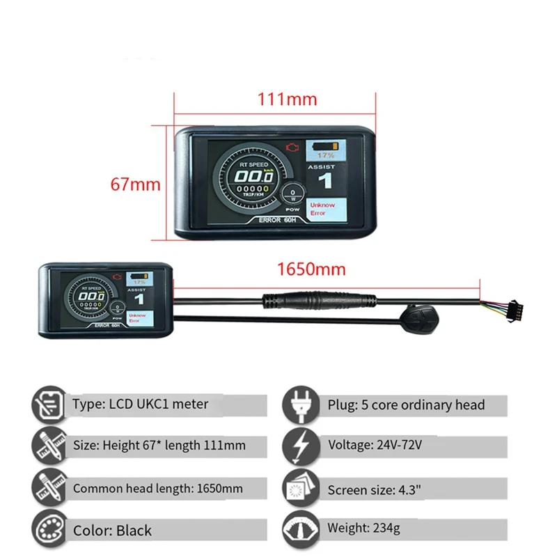 Electric Bicycle 36V 48V 52V 40A 3 Model Sinewave Controller UKC1 LCD Display For 1500W 2000W Ebike Replacement Accessories