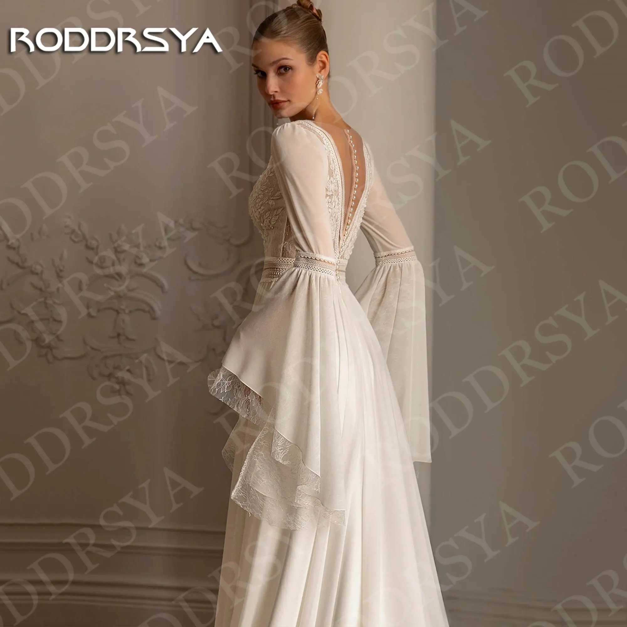 Gaun Pengantin Boho RODDRSYA Lengan Lonceng 2026 Wanita Renda Leher V Dalam Chiffon A-Line Gaun Pengantin Bohemian Aplikasi Kustom