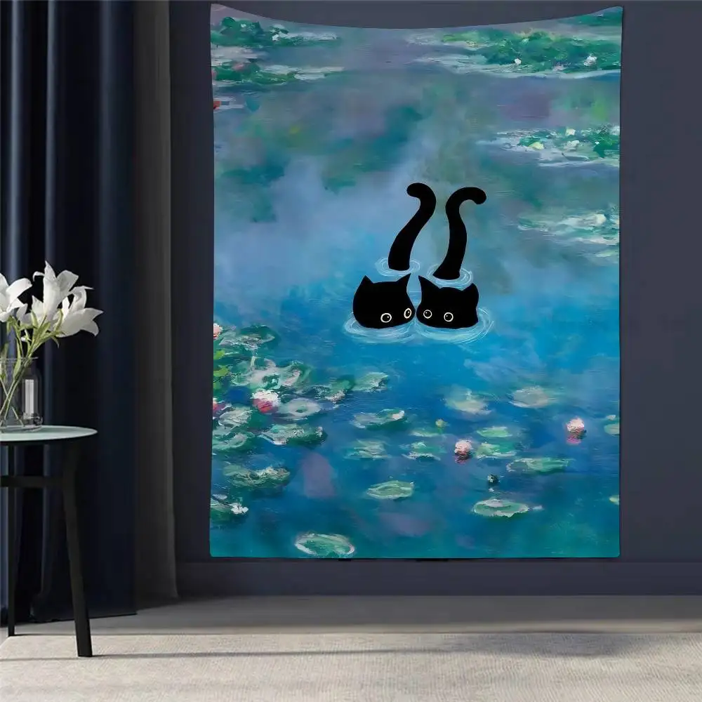 

Claude Monet Artworks Interesting Cute Black Cat Lotus Pond Hanging Tapestries Bohemian Wall Tapestries Mandala INS Home Decor
