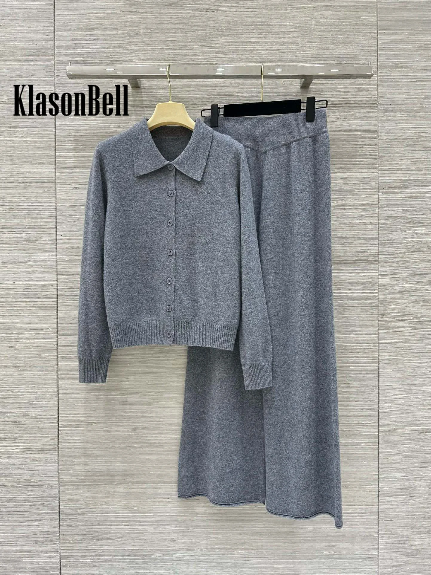 9.25 KlasonBell Women\'s Fashion Casual Wool Knitted 2 Piece Set Letter Lapel Button Cardigan + Elastic Waist Wide Leg Pants