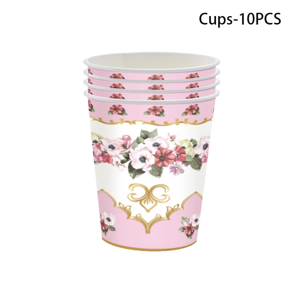Vintage Blumenmuster Teegeschirr-Set Elegante Rosa Pappteller Tassen Servietten EVJF Mädchen Geburtstag Brautparty Hochzeitsdekoration – Detail 8