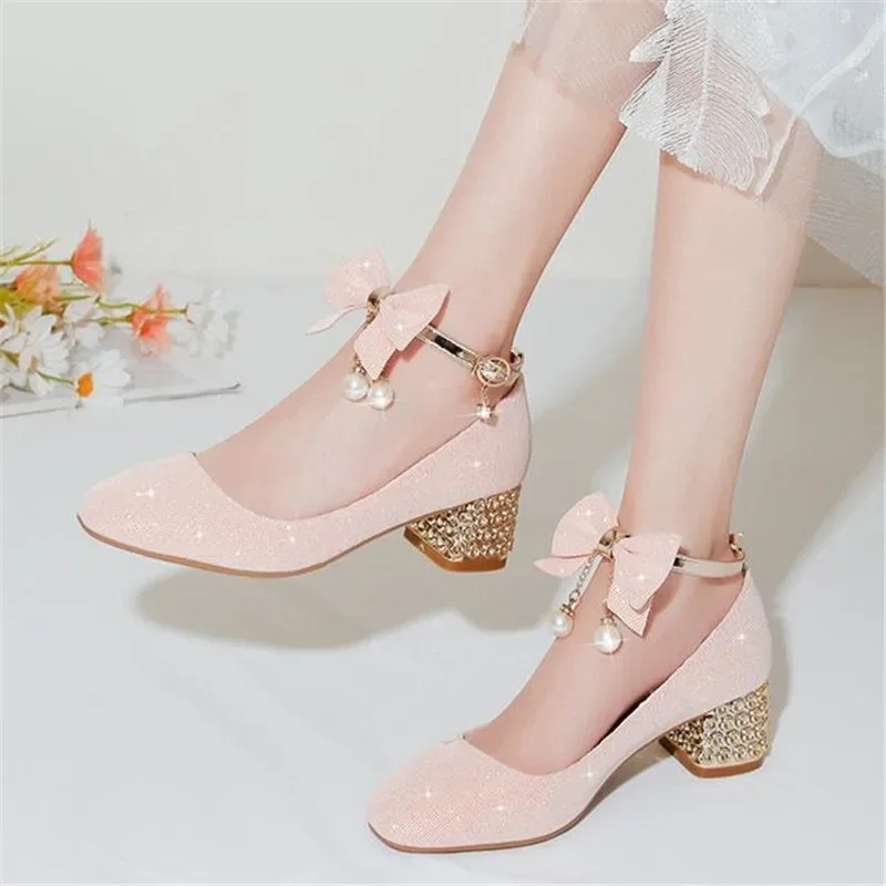 Zapatos de princesa para niña, zapato de rendimiento de cuero blanco, zapato de tacón alto de cristal para niños