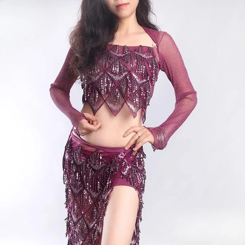 Customized New Belly Dance Costume Practice Top and Practice Dress Set with Tassel Shining Hip Scarf Skirt Performance Dress