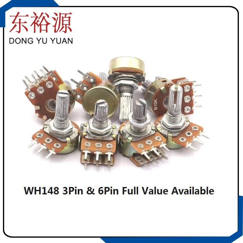 5PCS 3Pin 6pin 15mm Shaft Amplifier Dual Stereo Potentiometer WH148 B 1K 2K 5K 10K 20K 50K 100K 250K 500K 1M  B1/2/5/10/50/100K