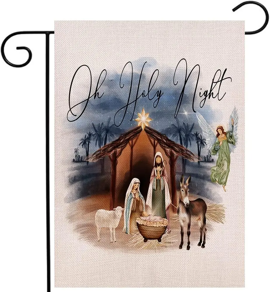 Merry Christmas Oh Holy Night Garden Flag Vertical Double Sized,Christmas Log Cabin Christian Winter Holiday Yard Outdoor Decora