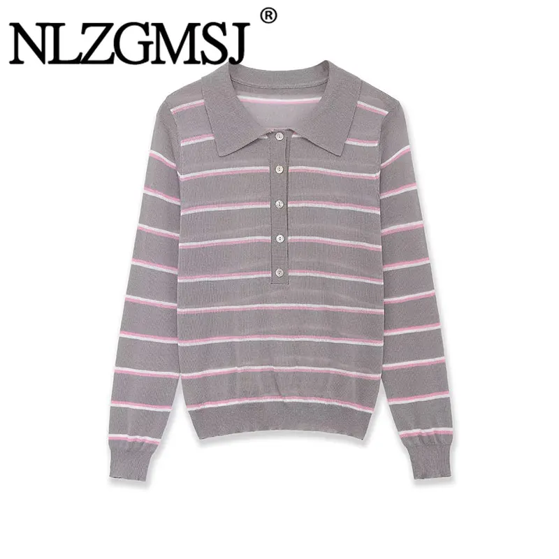 Nlzgmsj 2026 Frühjahr Neuerscheinung Damen Grau-Rosa Gestreiftes Strick-Polo-Top - Langarm mit Kragen Halb-Knopfleiste Kurzer Pullover