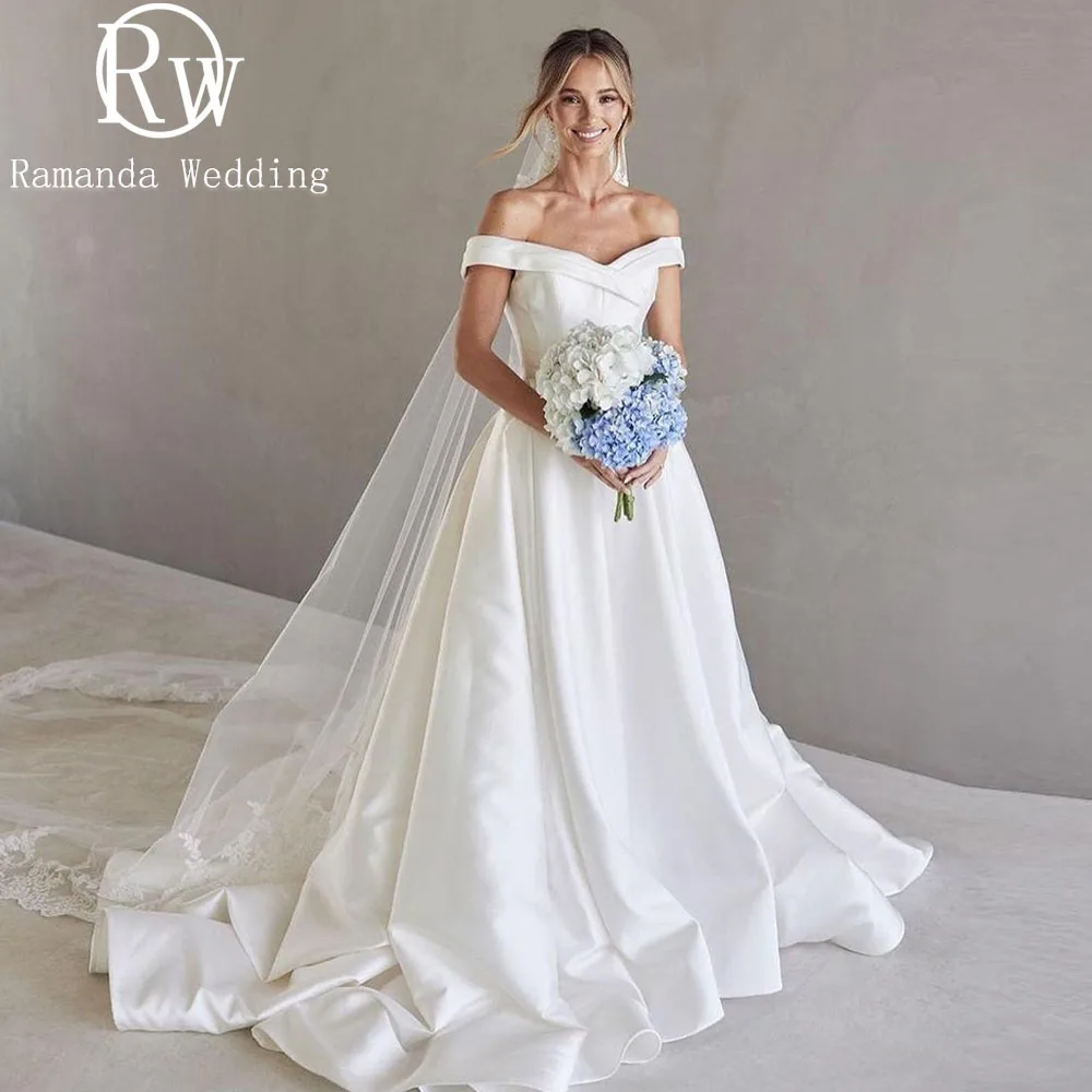 Ramanda vestidos de casamento simples fora do ombro a linha até o chão varredura trem vestidos de novia elegante vestido de noiva personalizado