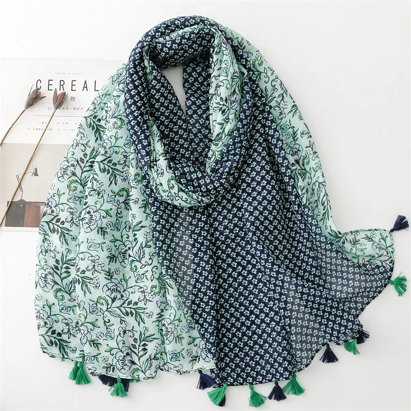Bohemian Fashion Lovely Green Polka Floral Patchwork Tassel Viscose Shawl Scarf Wrap Pashmina Stole Bufandas Muslim Hijab 2024