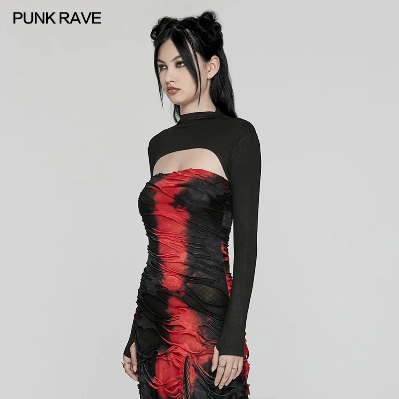 PUNK RAVE Punk Minimalist Soft Elastic Knitted Long Sleeve T-shirt Ultra Short Body Slim Finger Holes Black Tees Tops