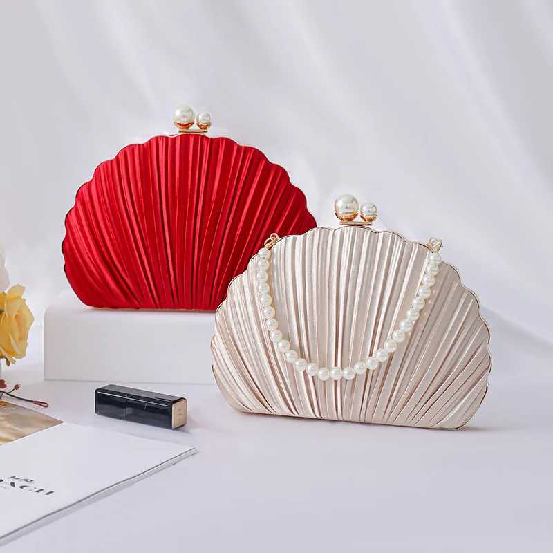 

Classic Fold Silk Seashell Dinner Evening Bags for Women Retro Fashion Apricot Silver Small Clutch Handbag Party Shoulder Bags