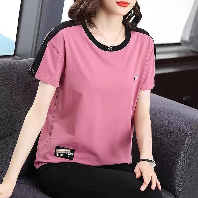 

2024 Summer New Women's Crew Neck Embroidery Letter Contrast Color Casual Fashion Loose All-match Short Sleeve T-shirt Tops