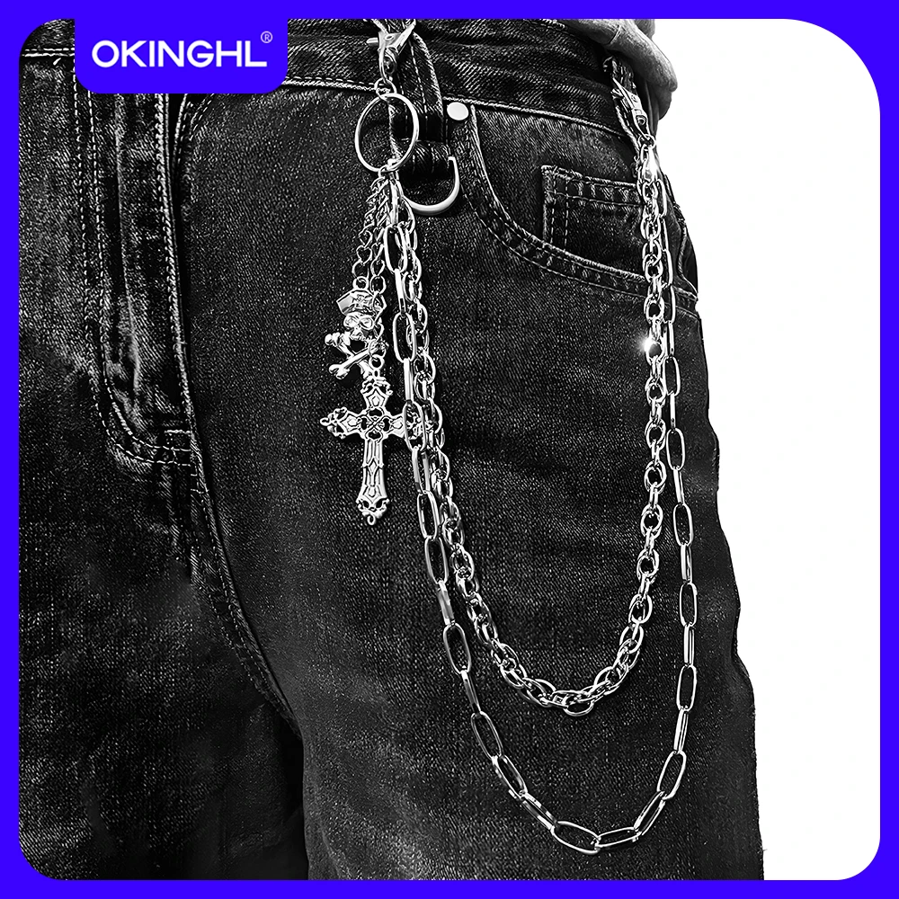 Gothic Punk Hip-Hop Pants Chain Cross Skull Multi-Functional Casual Skirt Jeans Men and Women All-Match Accessories
