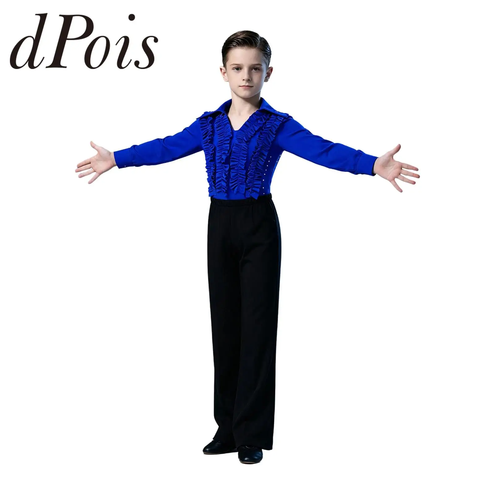 Boys Ruffles Chacha Latin Dance Shirts Bodysuits with Pants Kids Rhinestone Ballroom Rumba Tango Dancewear Salsa Dancing Leotard
