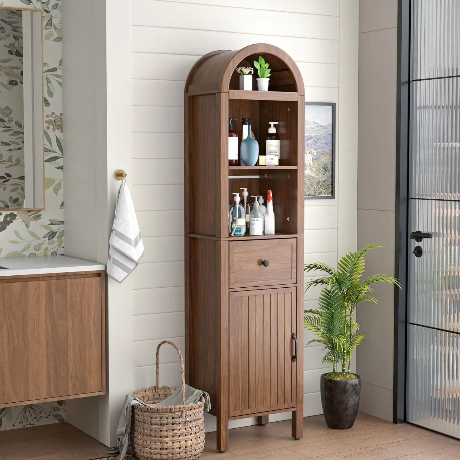 

64 Tall Bathroom Storage Cabinet with Adjustable Shelves,Tall Narrow Arched Freestanding Tower Cabinet with Fluted Doors and Dra