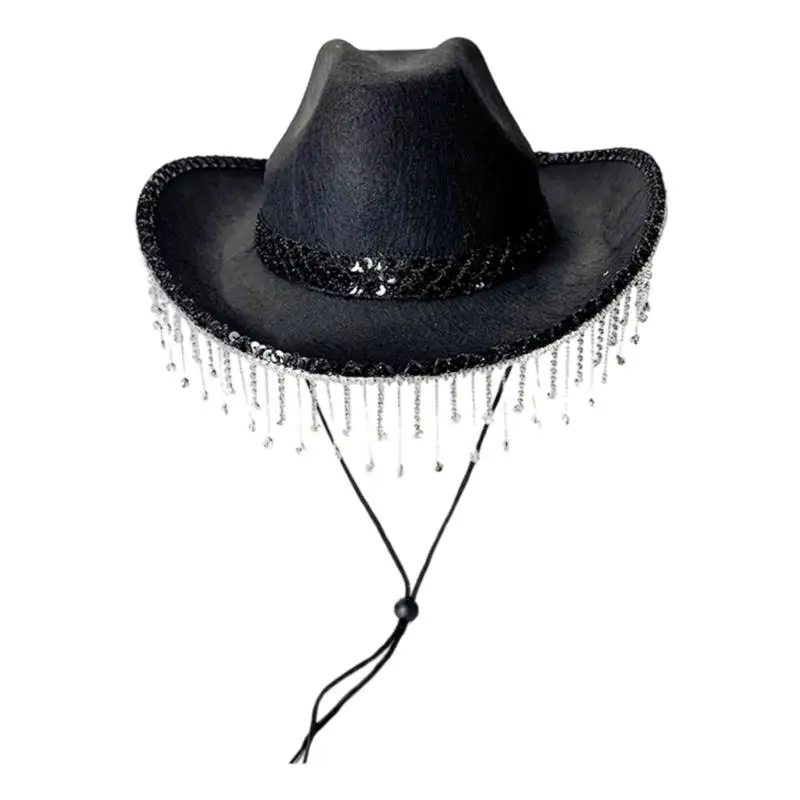 39BD Stylish Embellished Western Bridal Hat Rhinestones Tassels Decoration Comfortable Breathable Fabric
