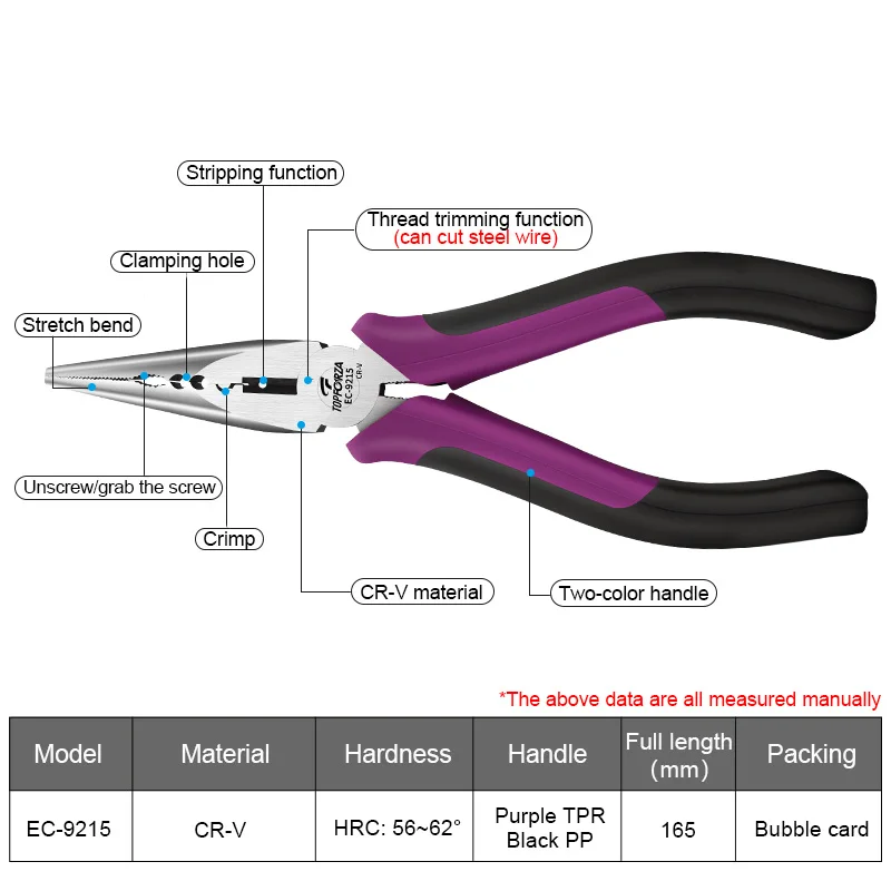 Topforza Multifunction Long Nose Plier with Wire Cutter CR-V Steel Needle Nose Nipper Cable Stripper Plug Press Multi Hand Tools